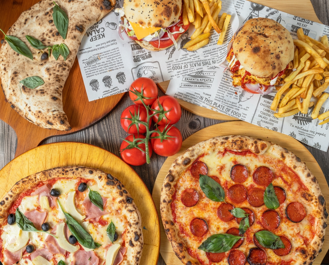 Neapolitan pizzas, calzone and Italian burgers with fries on wooden boards
